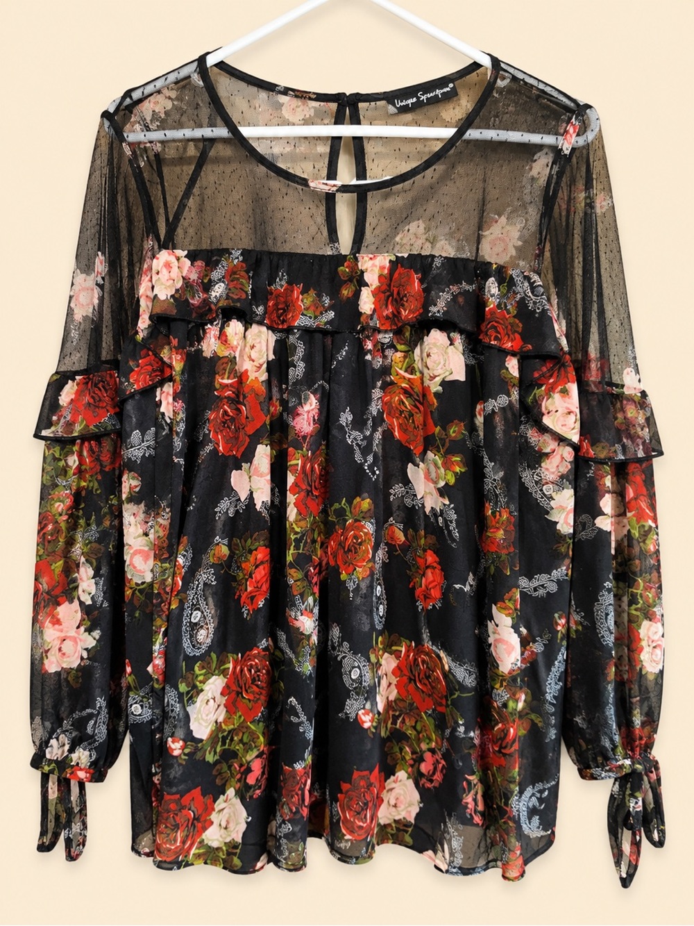 Unique Spectrum Black Floral Mesh Ruffle Blouse with Red & Pink Roses NWOT
